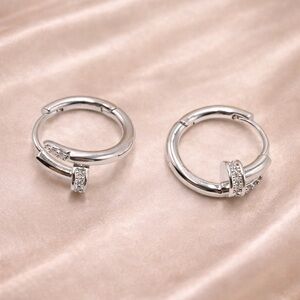 Nail  Silver Hoop Crystal Earrings
